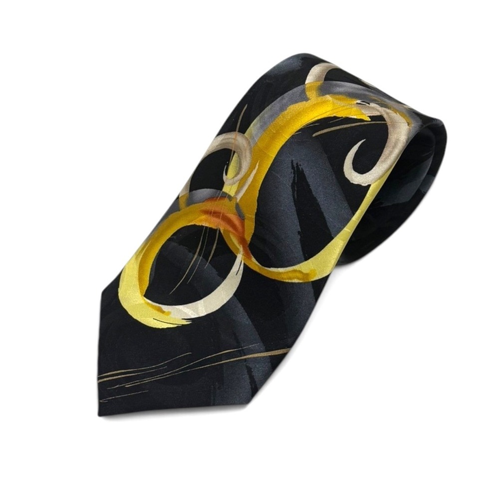 J Garcia Jerry Garcia Clockworks Mens Silk Tie Black Yellow Abstract Necktie 58
